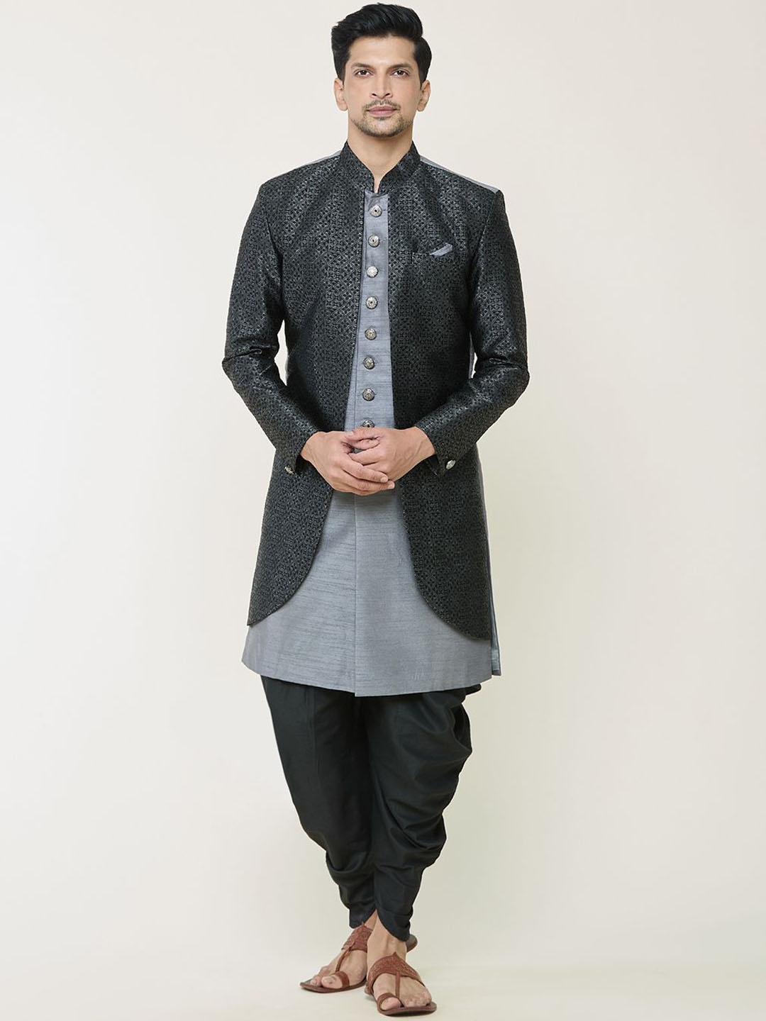 

Arihant Rai Sinha Men Self Design Pure Silk Sherwani Set, Grey