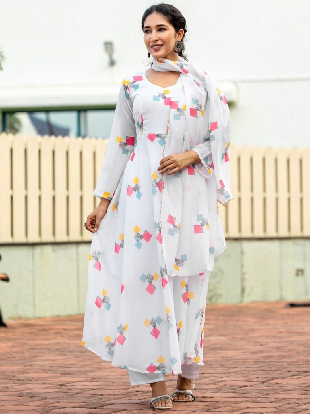 

KALINI Floral Printed V-Neck Anarkali Kurta With Trousers And Dupatta, White