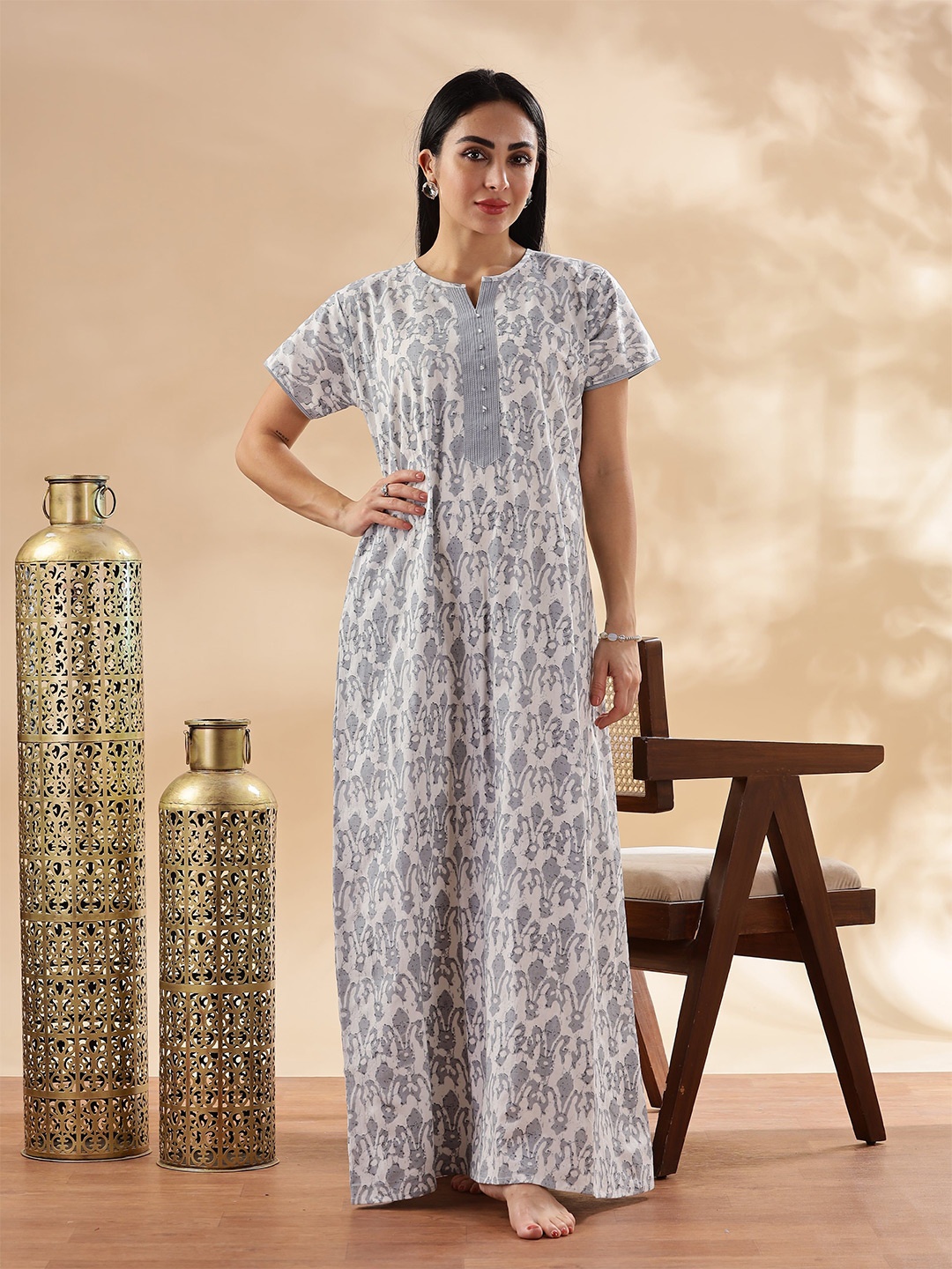 

9shines Label Women Pure Cotton Floral Printed Maxi Nightdress, Grey