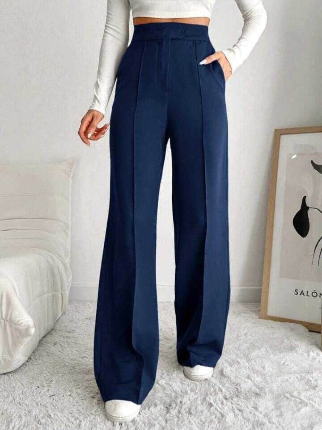 

Next One Women Smart Straight Fit High-Rise Easy Wash Pleated Korean Pants Trousers, Navy blue