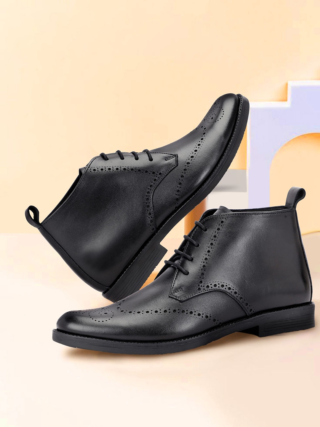

Varito Men Leather Lace-Ups Laser Cuts Regular Boots, Black