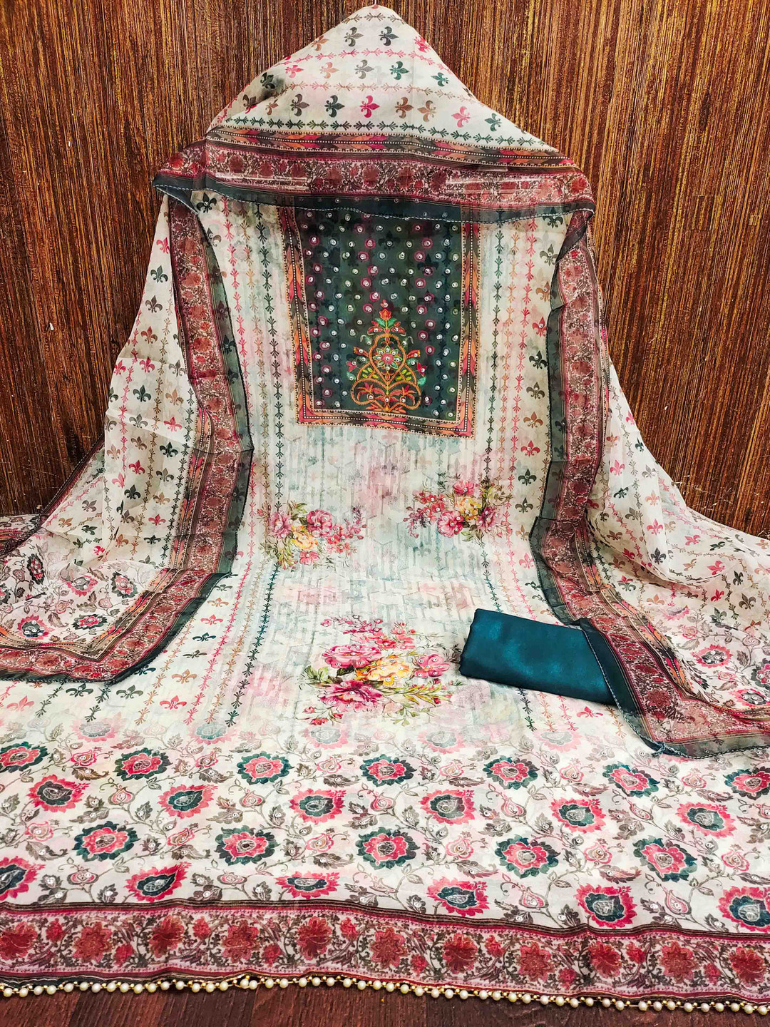 

Blissta Floral Printed Organza Unstitched Dress Material, White