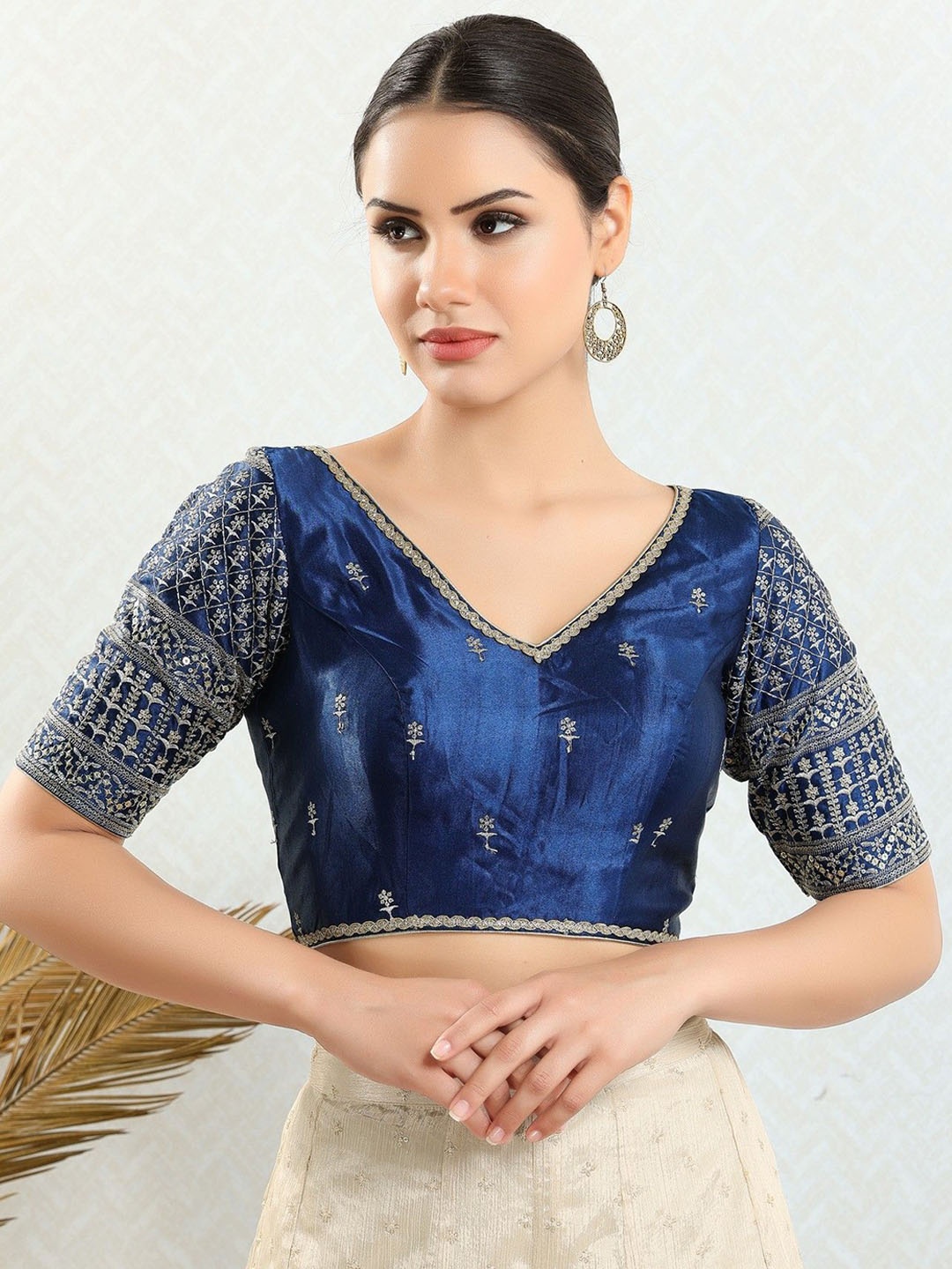 

Mmore Embroidered V-Neck Silk Saree Blouse, Navy blue