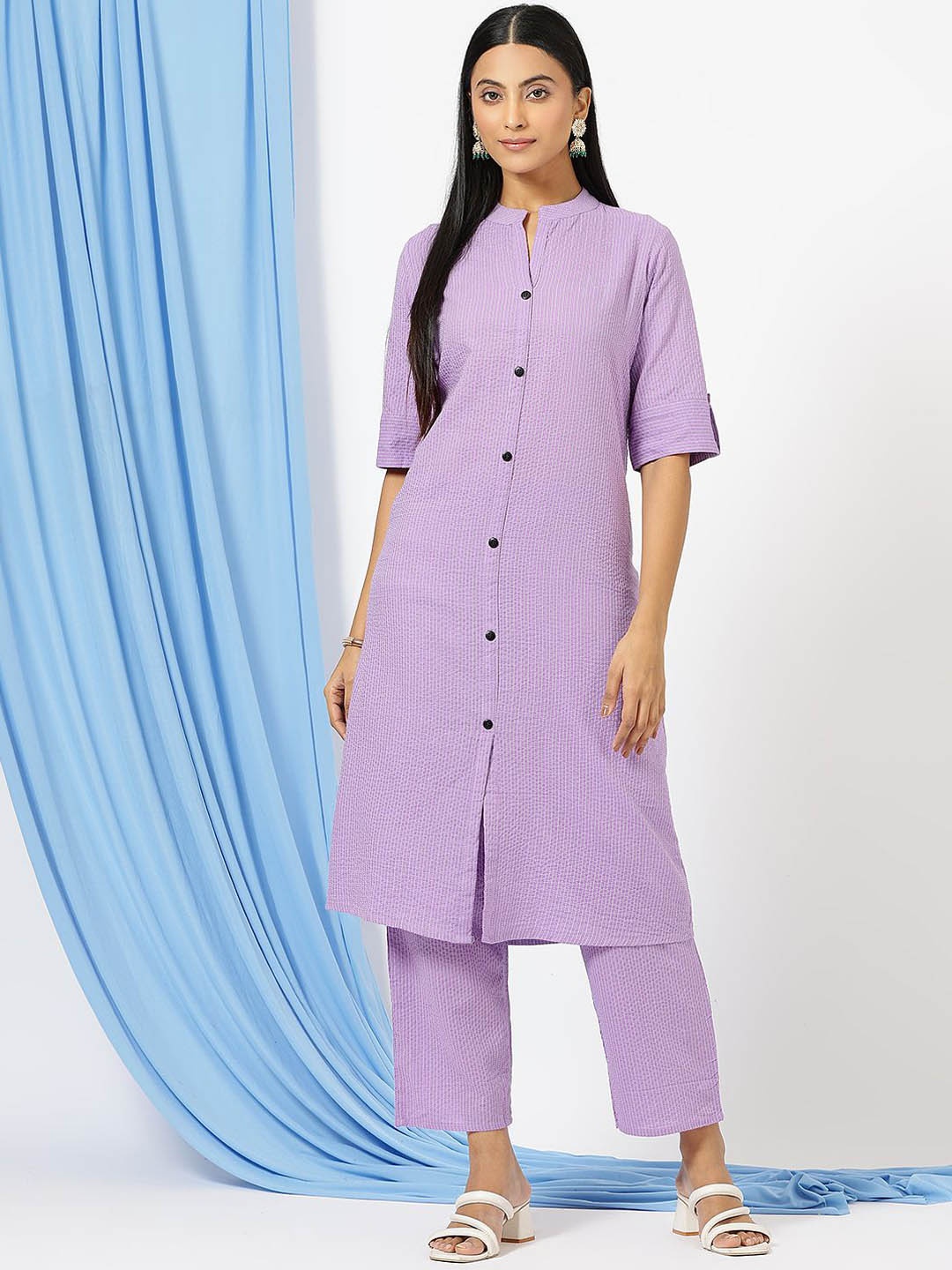 

KALINI Striped Mandarin Collar Katha Work Tunic & Trouser, Purple