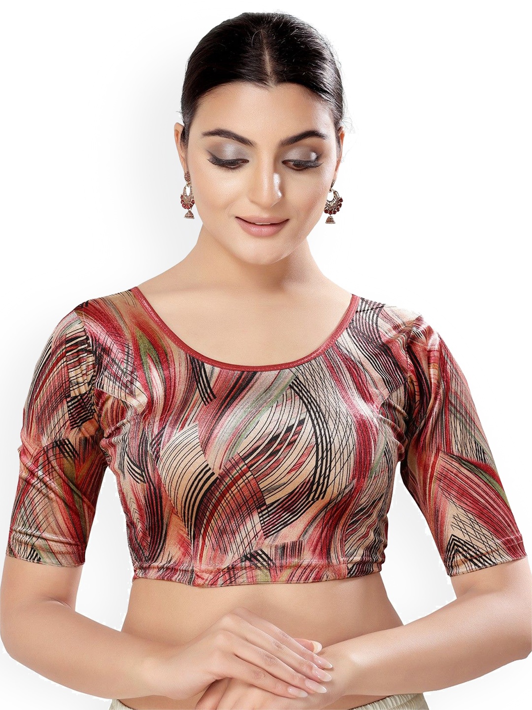 

Mmore Women Printed Stretchable Saree Blouse, Maroon