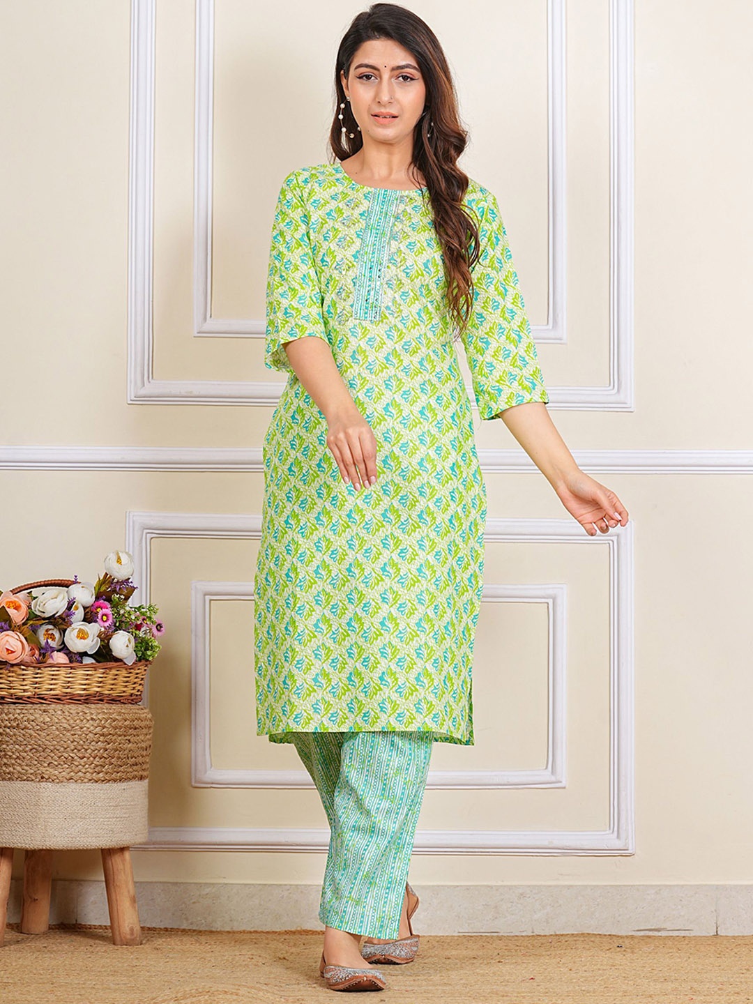 

Moda Rapido Floral Printed Sequinned Pure Cotton Straight Kurta with Trousers, Lime green