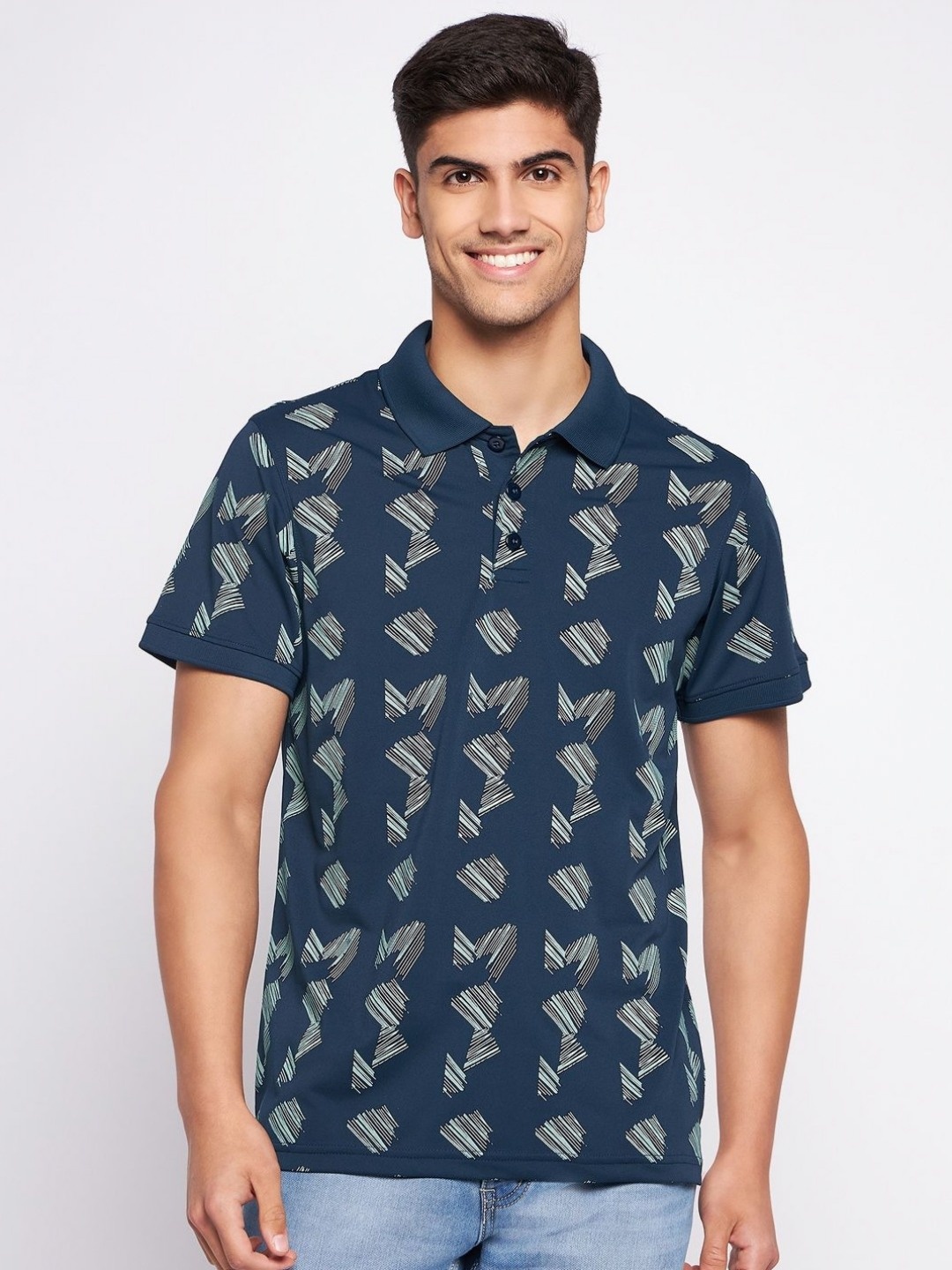

AUXAMIS Men Printed Polo Collar Extended Sleeves Pockets T-shirt, Blue