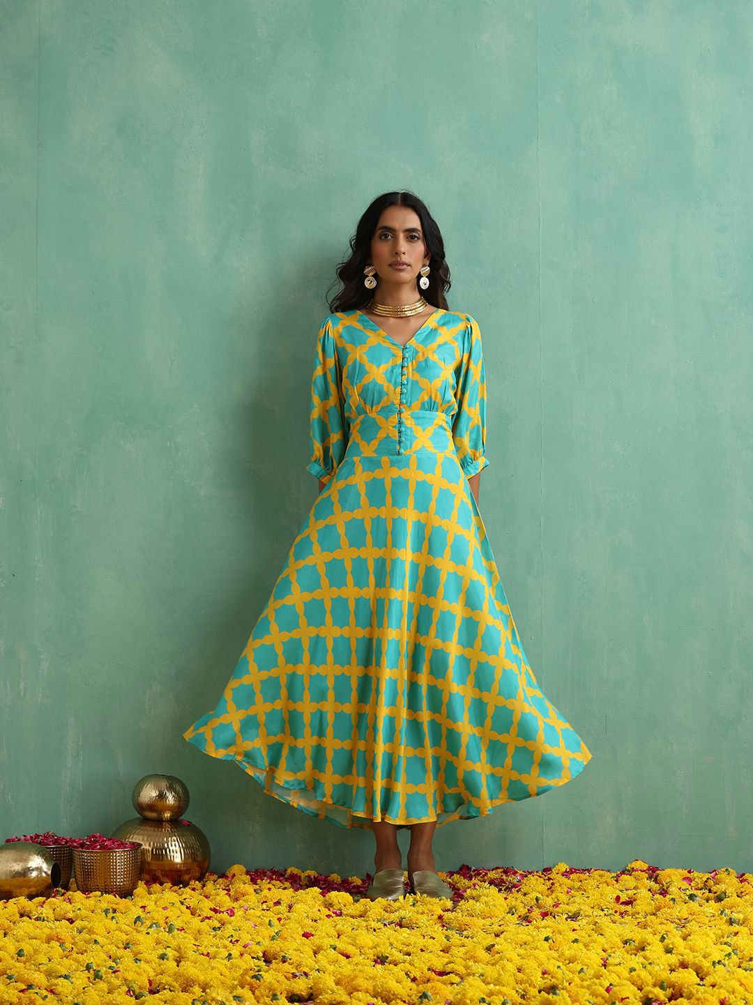

indy Raaga Floral Print Fit & Flare Maxi Dress, Turquoise blue