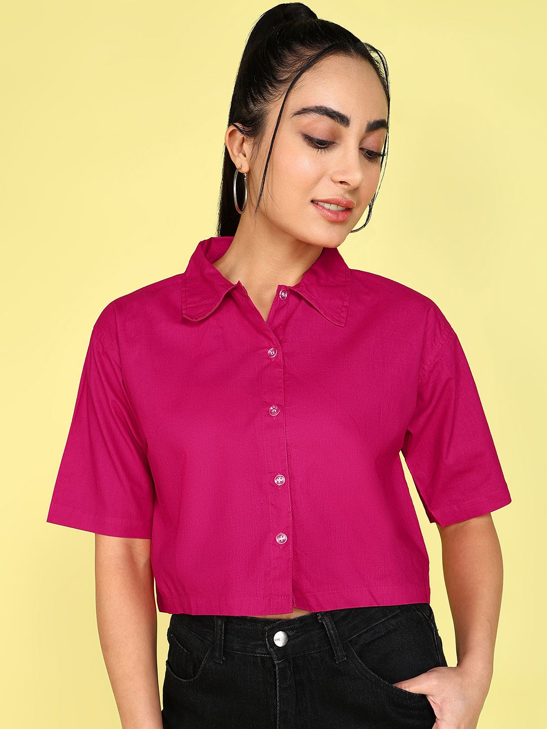 

KASHIAN Women Boxy Fit Spread Collar Solid Cotton Casual Shirt, Pink