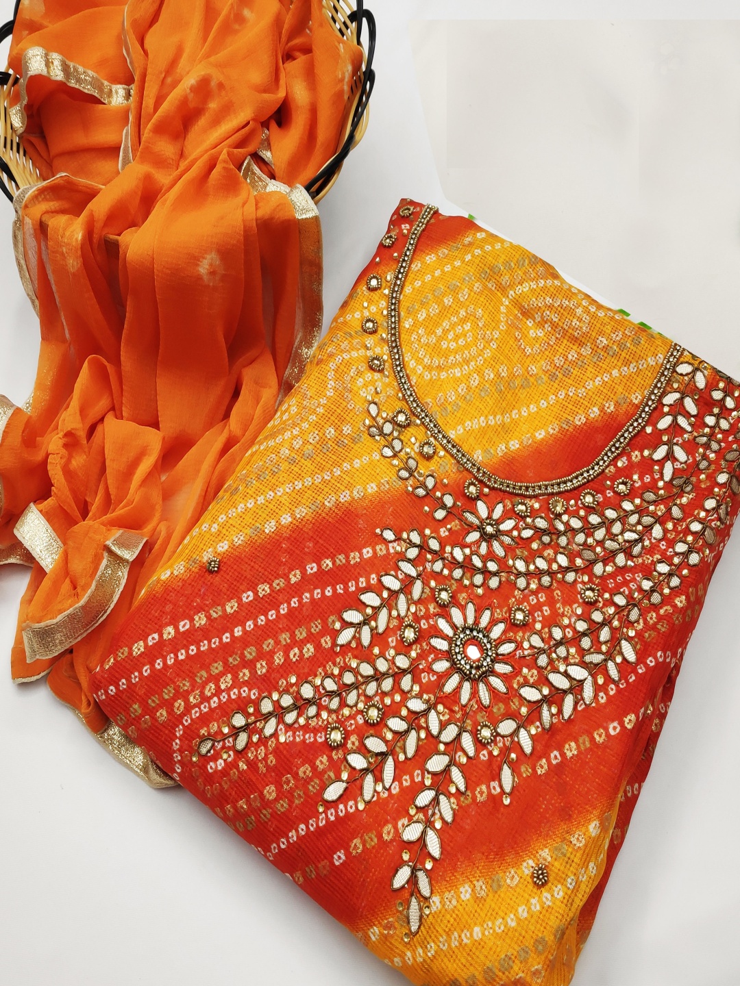 

HERE&NOW Bandhani Mirror Work Unstitched Dress Material, Yellow