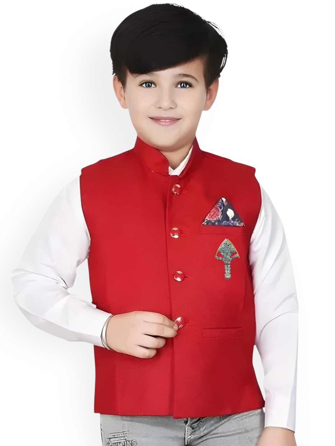 

Qitty Boys Woven Jute Cotton Nehru Jacket With Shirt, Red