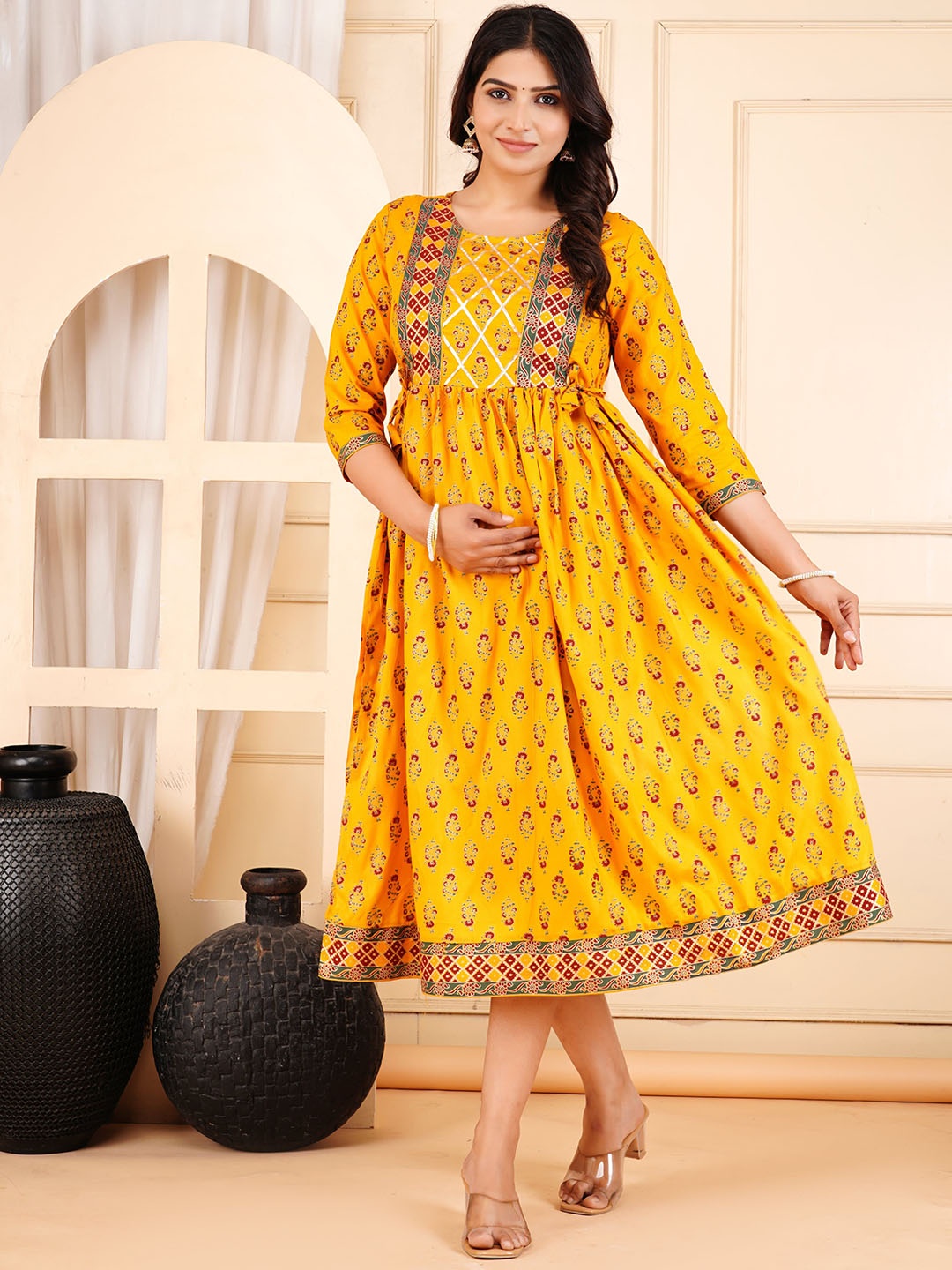 

clothonus Maternity Floral Printed Gotta Patti Pleated Anarkali Ethnic Dresse, Yellow