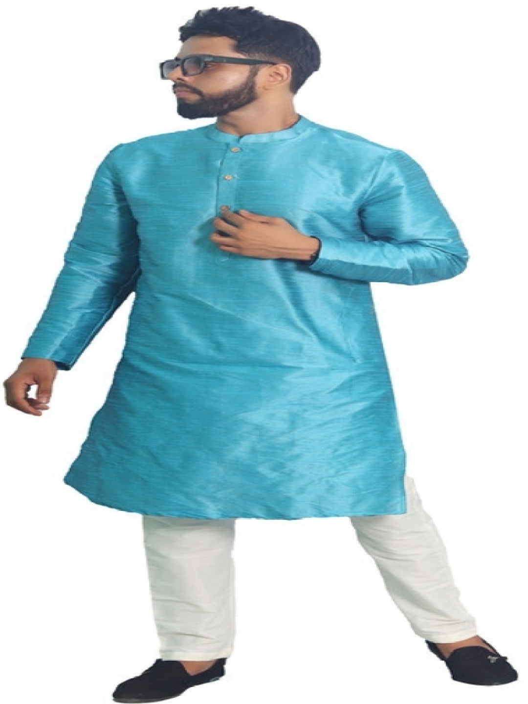 

House of Aqss Mandarin Collar Dupion Silk Straight Kurta With Pyjamas, Blue