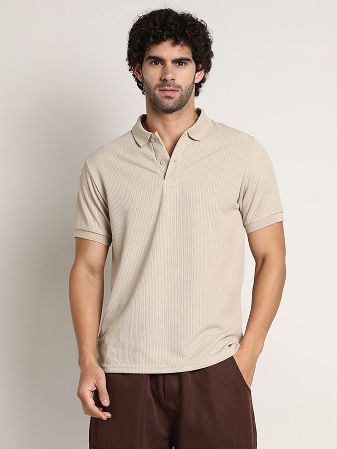 

Campus Sutra Men Self Design Polo Collar Cotton T-shirt, Beige