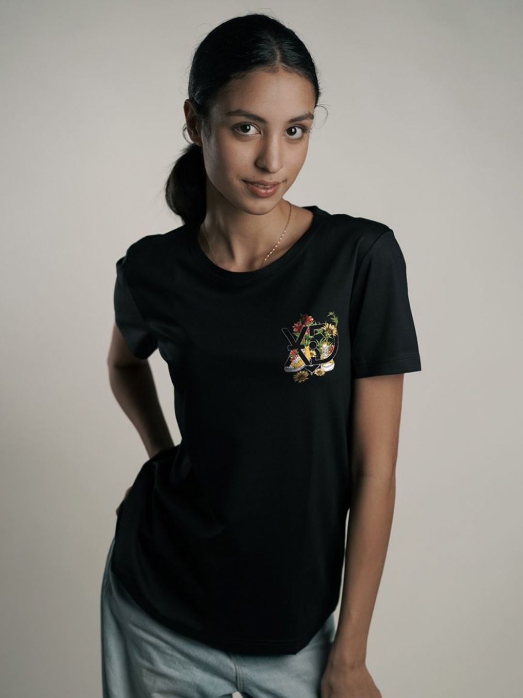 

EKSDEE Women Graphic Printed Round Neck Cotton T-shirt, Black