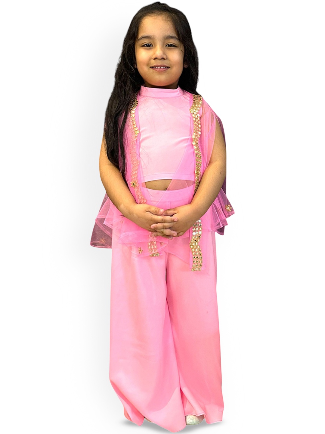 

Samsara Couture Girls High Neck Top With Palazzo & Shrug, Pink