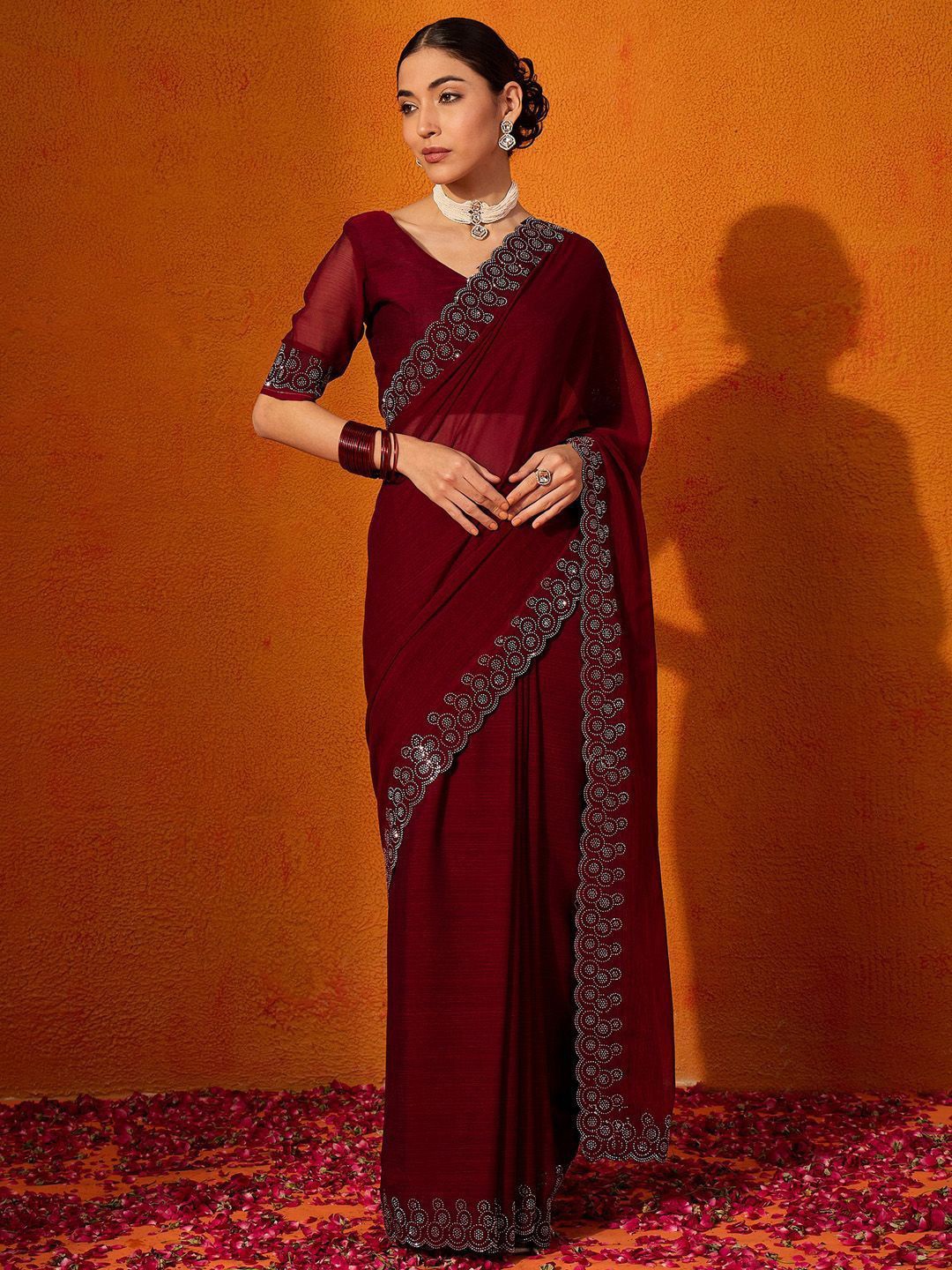 

SWADESI STUFF Beads and Stones Pure Georgette Saree, Maroon