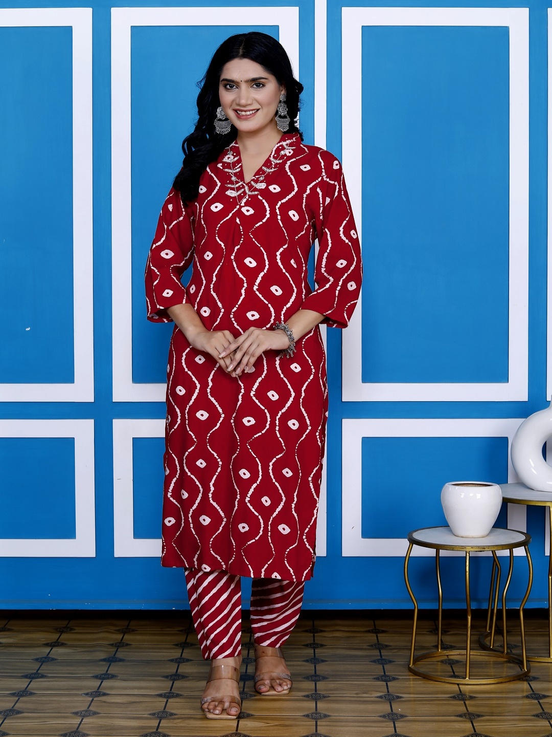 

KALINI Geometric Printed V-Neck Straight Pure Cotton Kurta With Trousers, Maroon