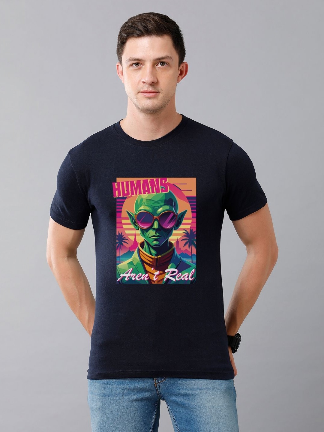 

Moda Rapido Men Graphic Printed Round Neck Cotton T-shirt, Navy blue