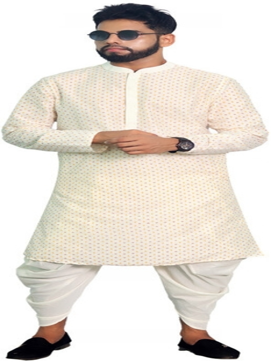 

House of Aqss Geometric Printed Mandarin Collar Kurta With Dhoti Pants, White