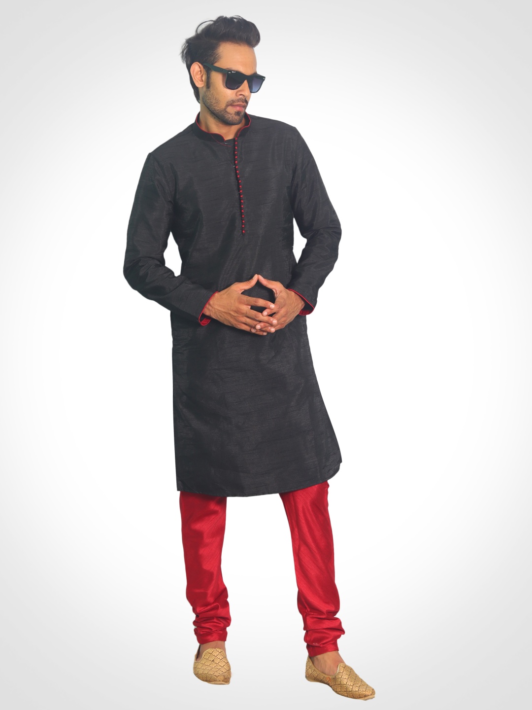 

House of Aqss Mandarin Collar Dupion Silk Straight Kurta And Pyjamas, Black