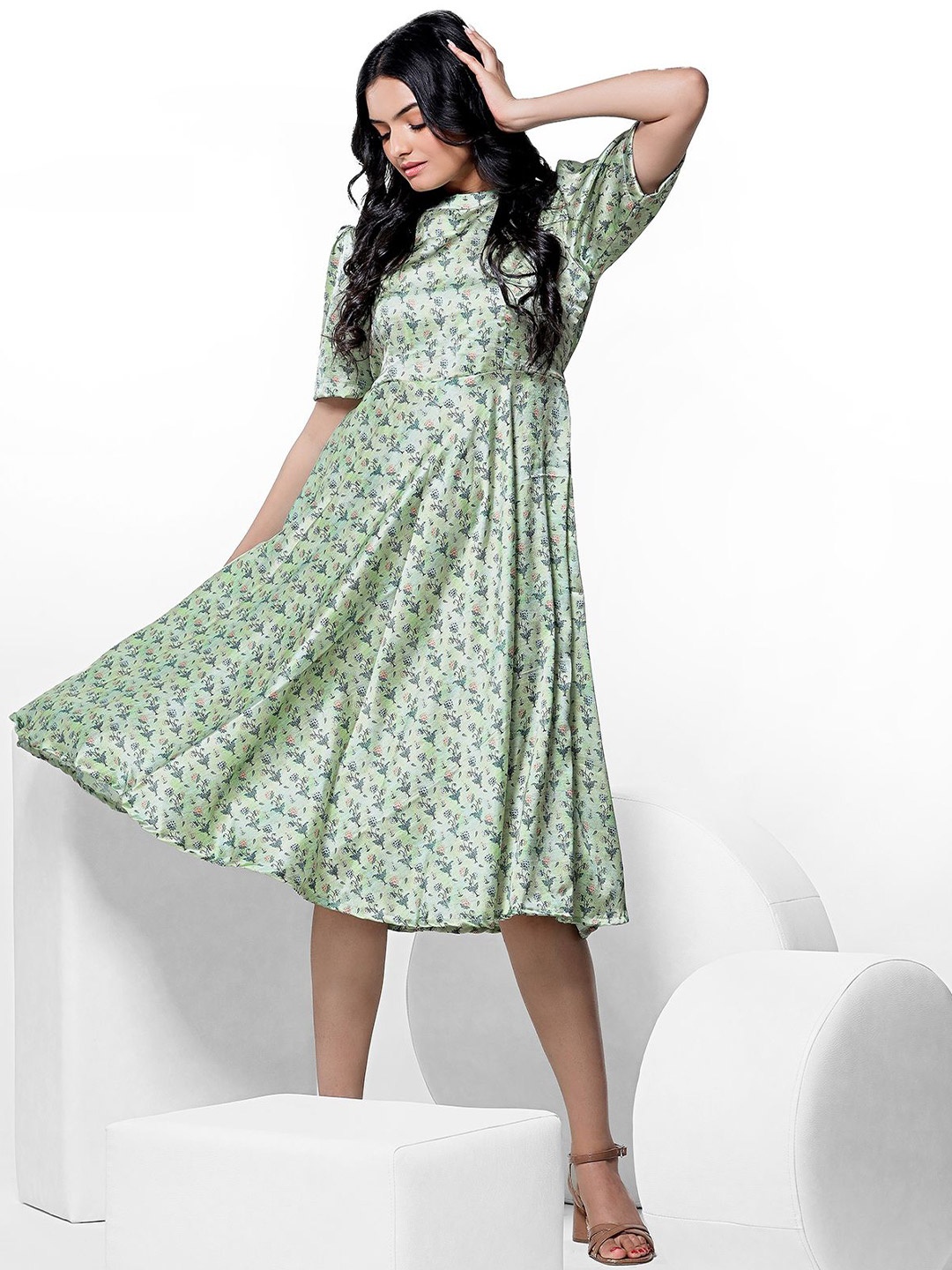 

aaRVee STUDIO Floral Print Puff Sleeve Satin A-Line Midi Dress, Green