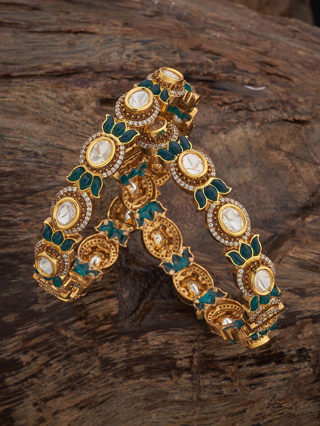 

Kushal's Fashion Jewellery Set Of 2 Victorian-Plated Zircon & Kundan -Studded Bangles, Gold