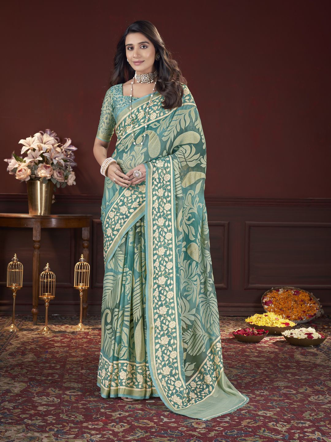 

Mitera Floral Printed Zari Embellished Brasso Saree, Sea green