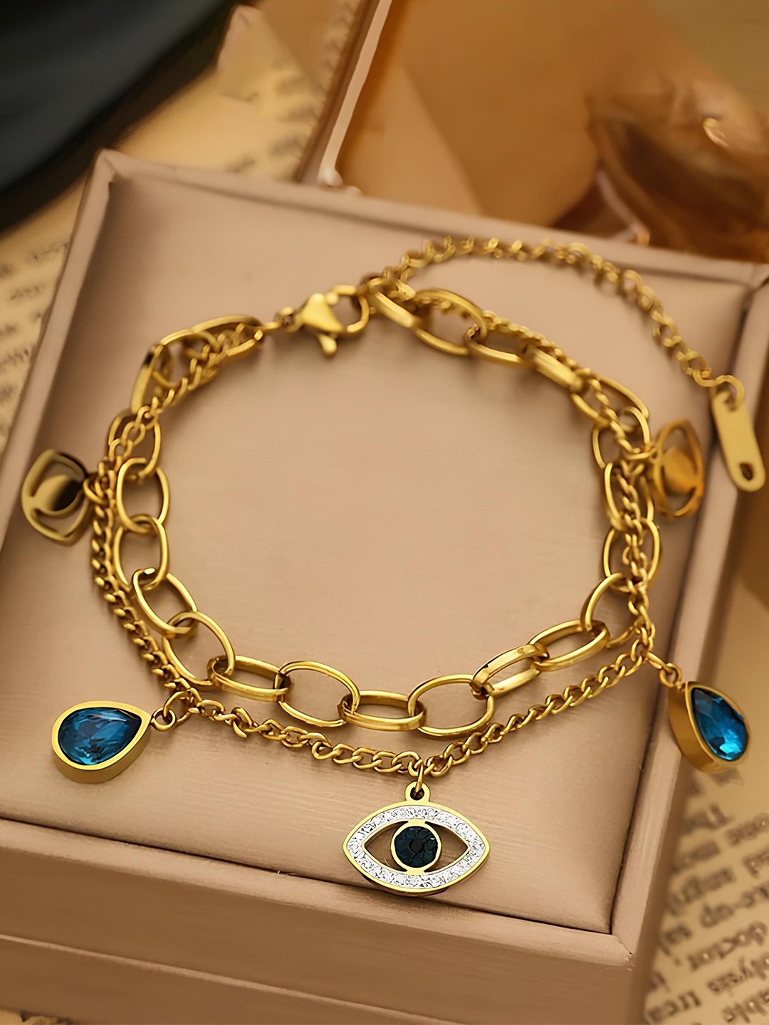 

KARISHMA KREATIONS Stainless Steel Gold-Plated Anti-Tarnish Double Layer Evil Eye Bracelet