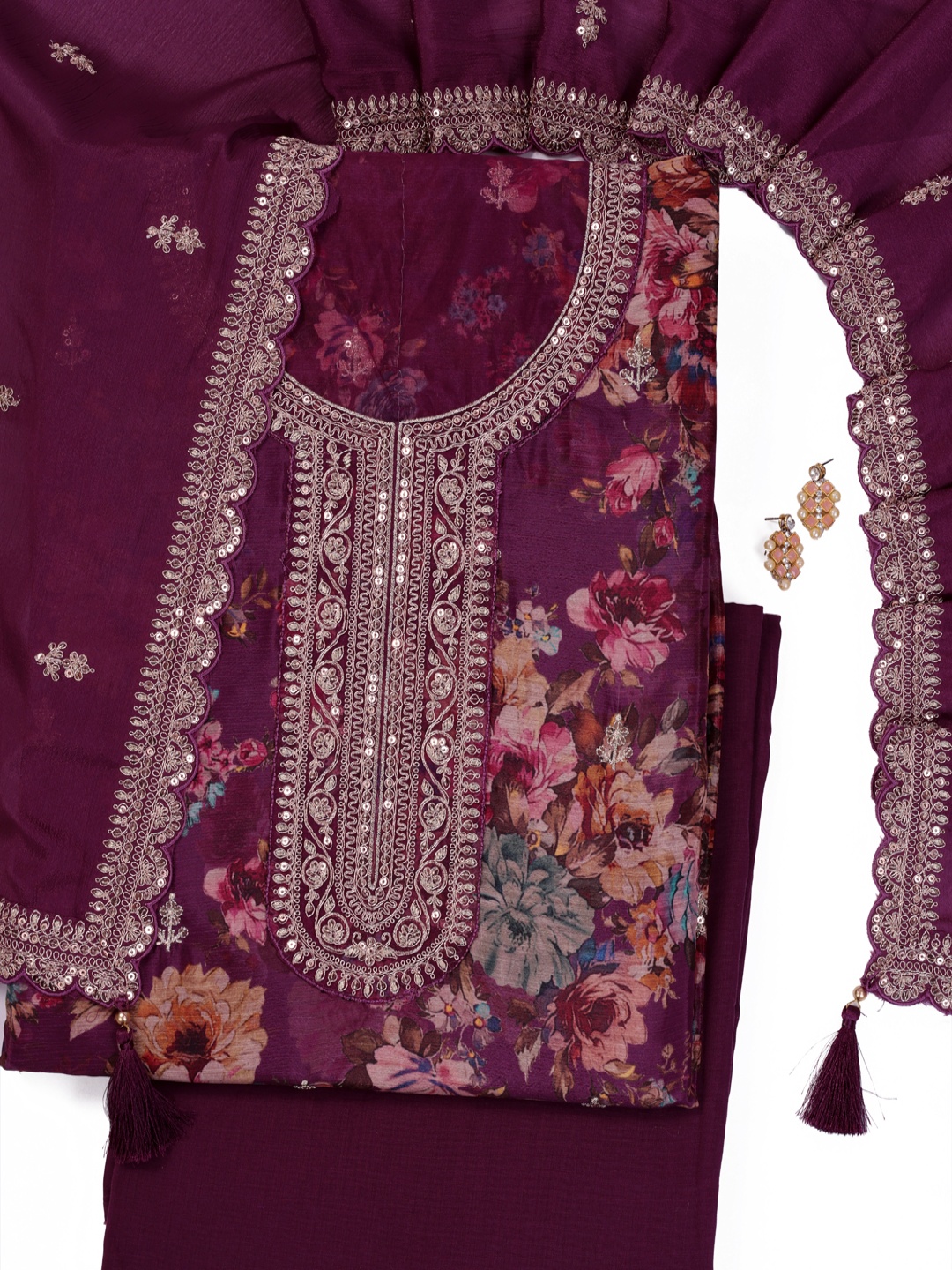 

KULEESH Ethnic Motifs Printed Sequinned Silk Chiffon Semi-Stitched Dress Material, Maroon