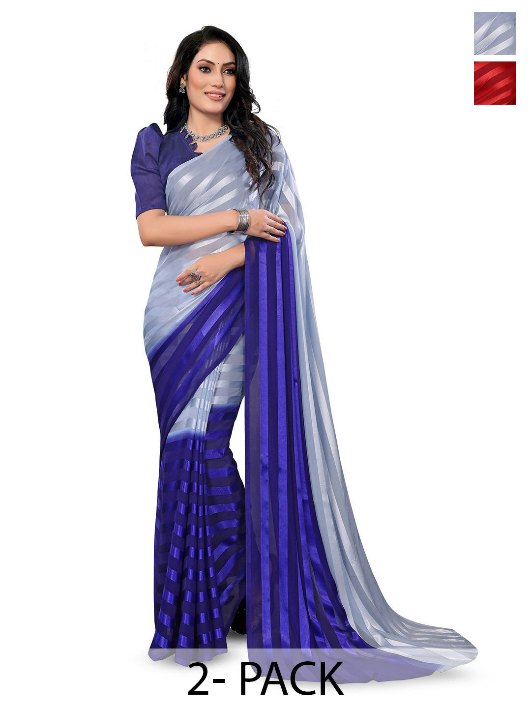 

Moda Rapido Pack Of 2 Striped Satin Saree, Blue