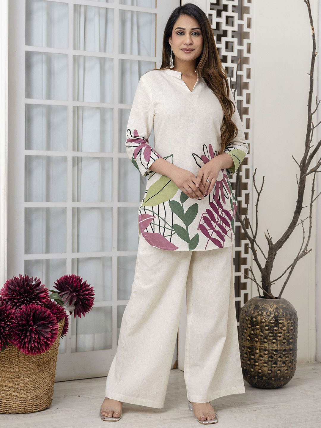 

INDYES Floral Printed Mandarin Collar Pure Cotton Tunic & Trouser, White