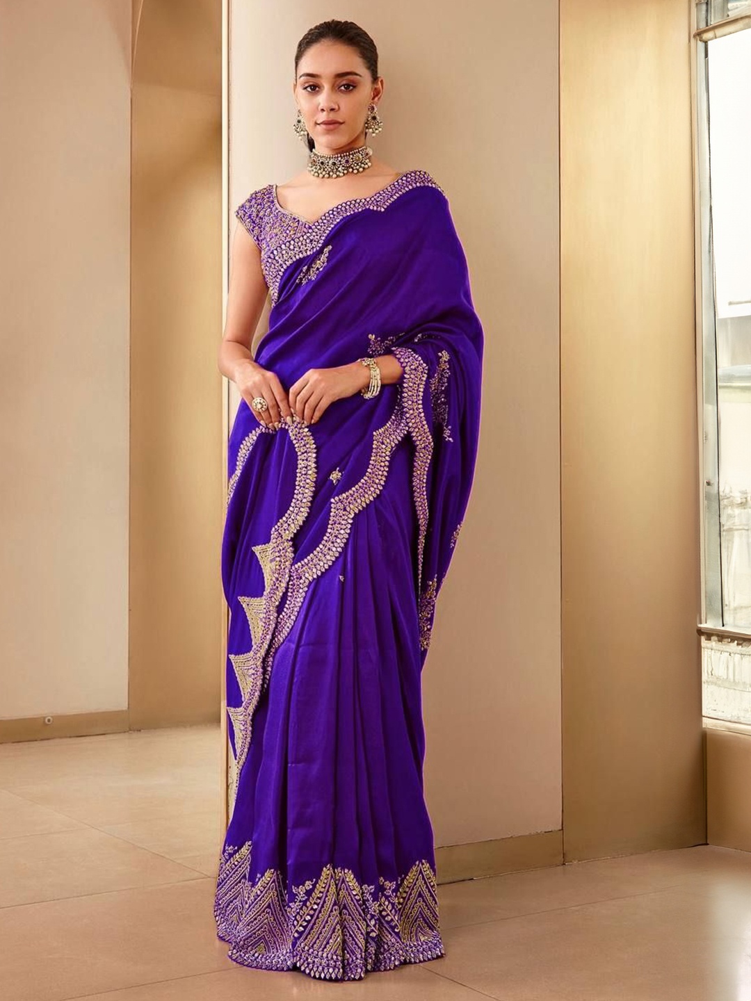 

Jinal & Jinal Embroidered Silk Blend Fusion Saree, Purple