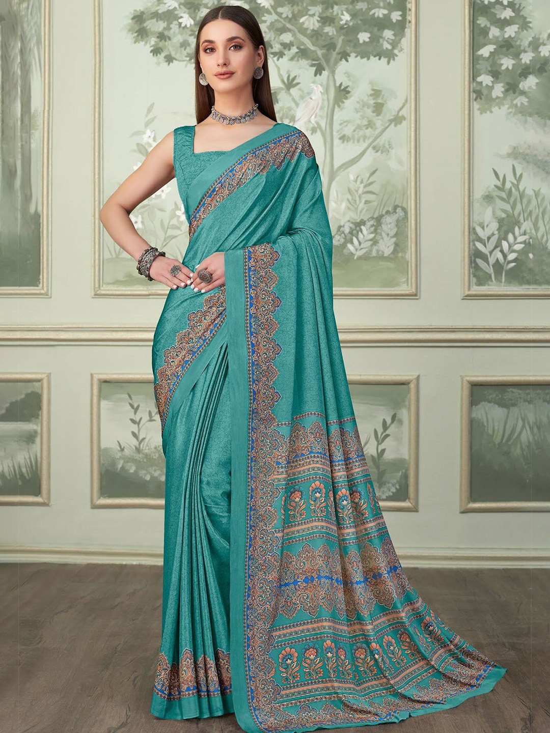 

DURGA EMPORIO Ethnic Motifs Printed Pure Crepe Saree, Blue