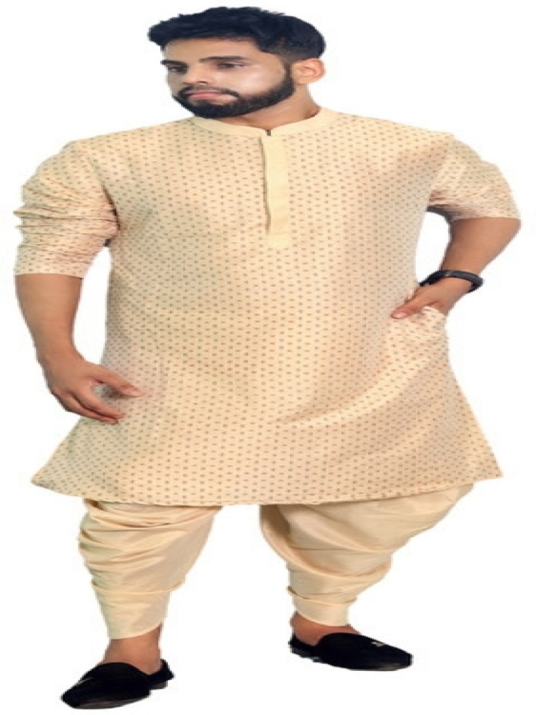 

House of Aqss Geometric Printed Mandarin Collar Straight Kurta With Trousers, Beige