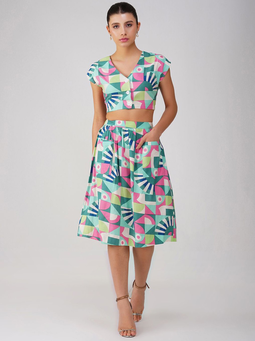

HERE&NOW Abstract Printed V-Neck Crop Top & A-Line Skirt, Green