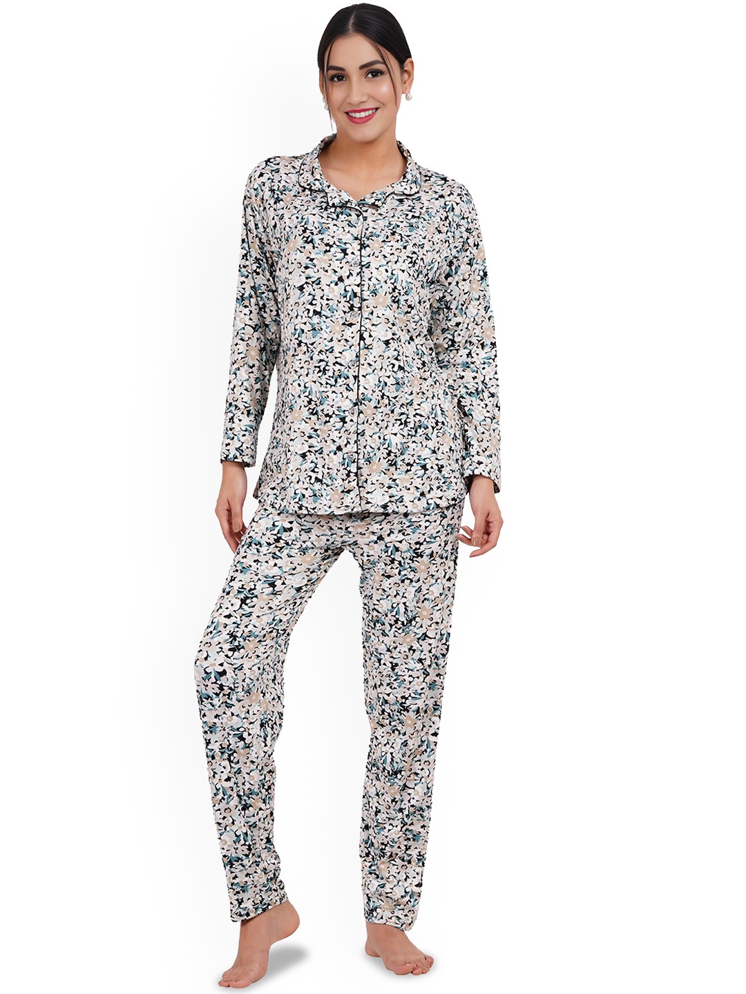 

Liigne Women Floral Printed Night suit, Beige