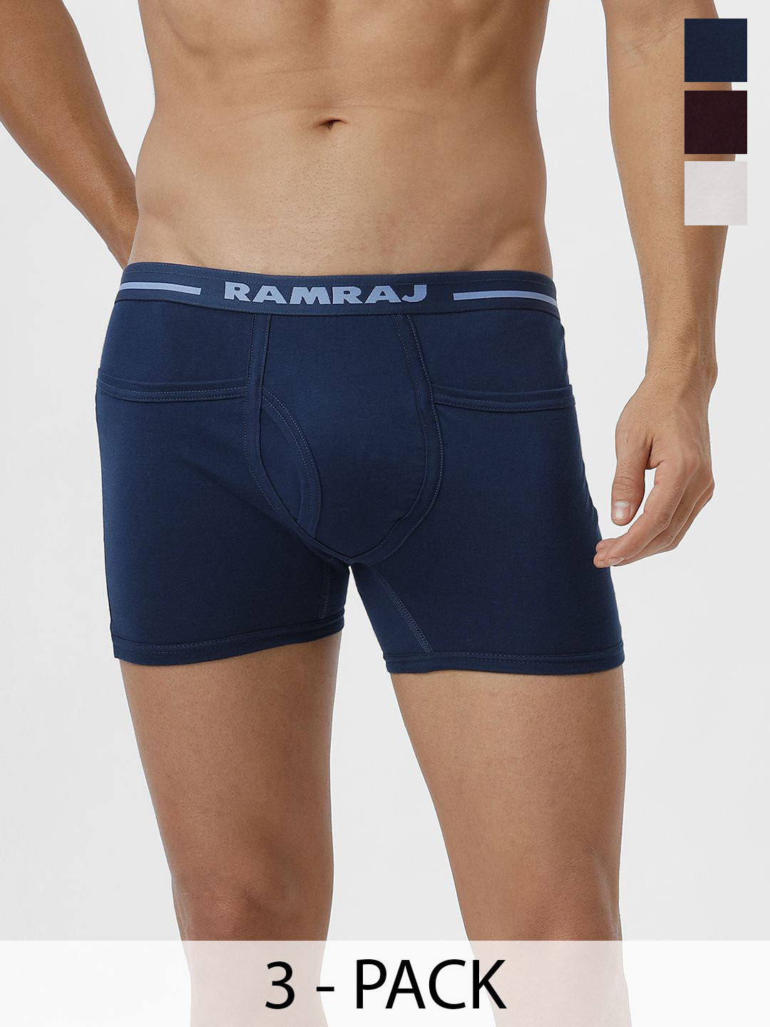 

Ramraj Men Pack of 3 Solid Low Rise Cotton Fine Jersey Target Trunks, Blue