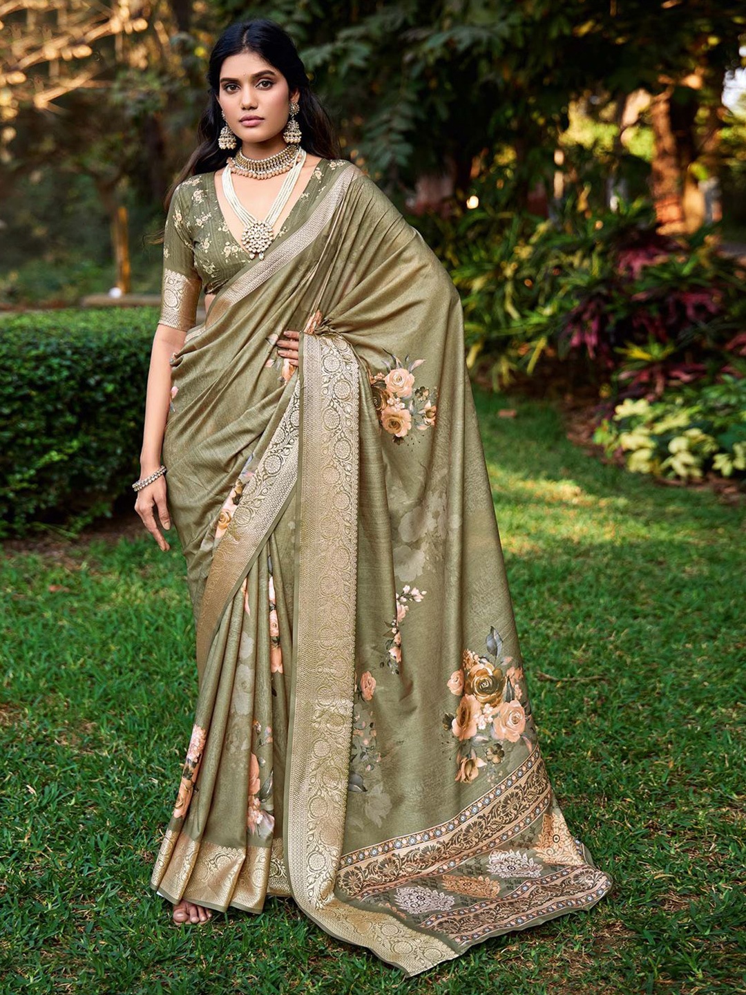 

Saree mall Floral Printed Tussar Sarees, Olive