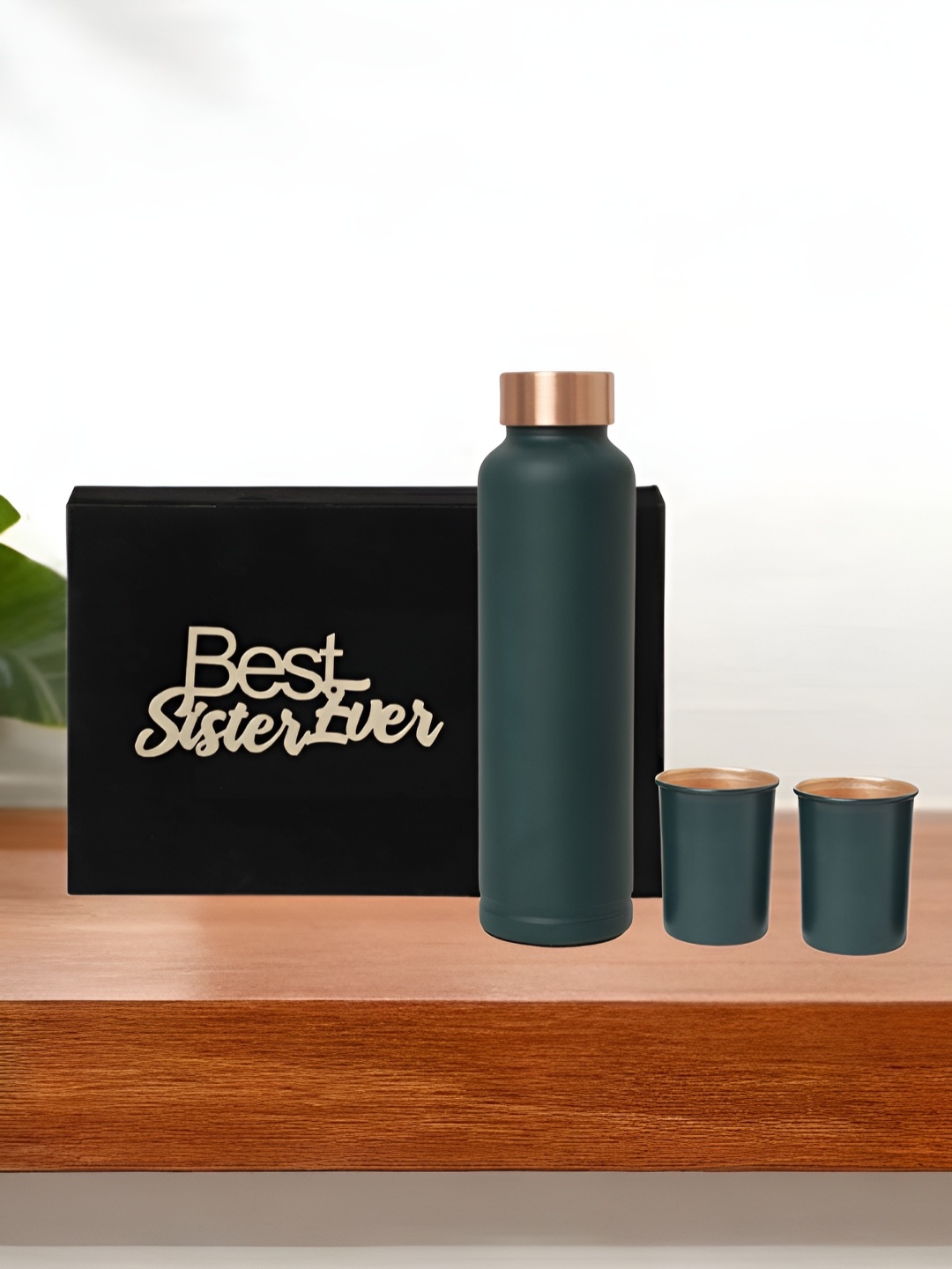 

INTERNATIONAL GIFT Green 3 Pieces Pure Copper Water Bottle With Glass Set Box & Bag 950ml