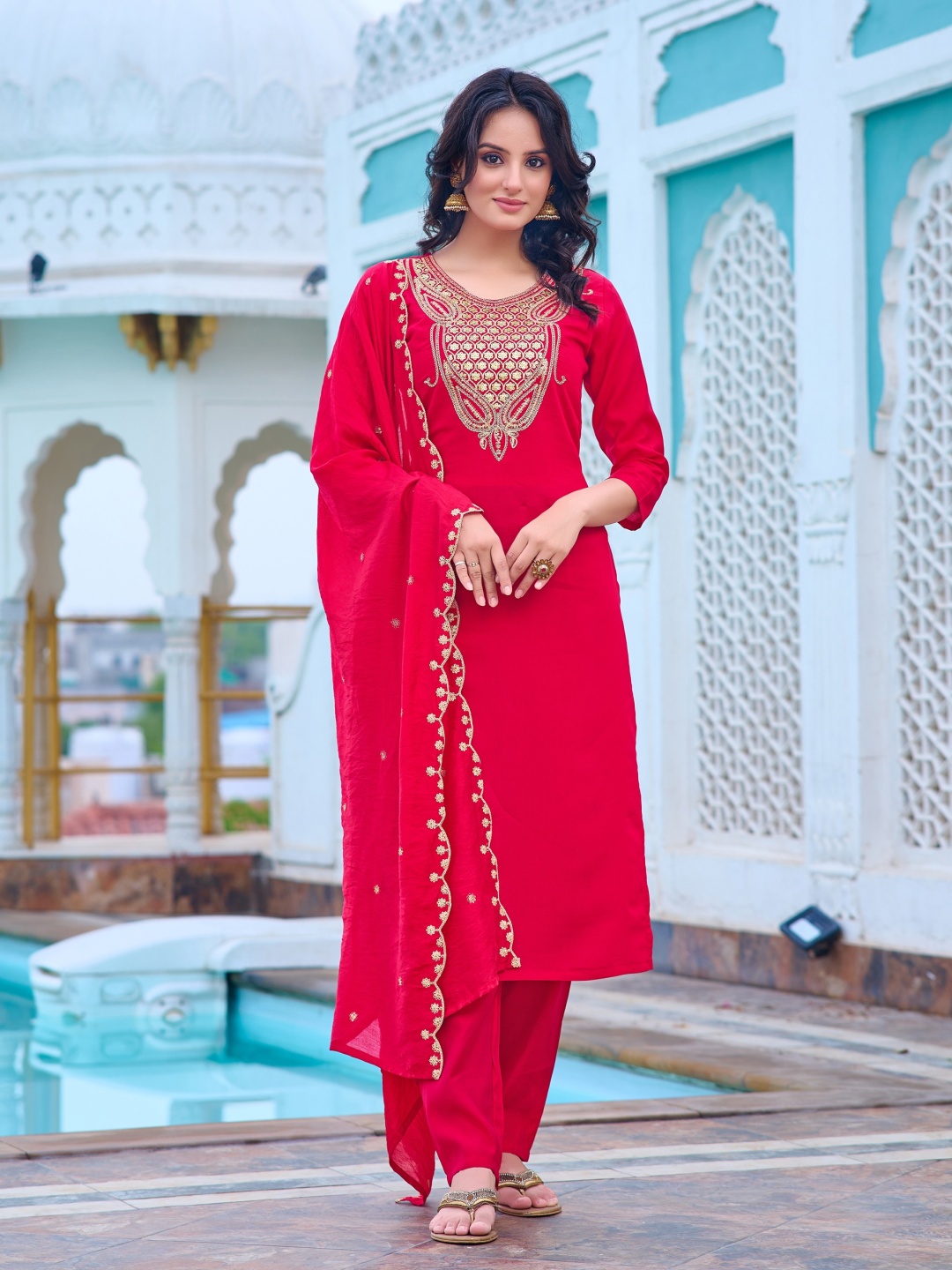 

RV CREATION Ethnic Motifs Embroidered Chanderi Silk Straight Kurta With Trousers & Dupatta, Red