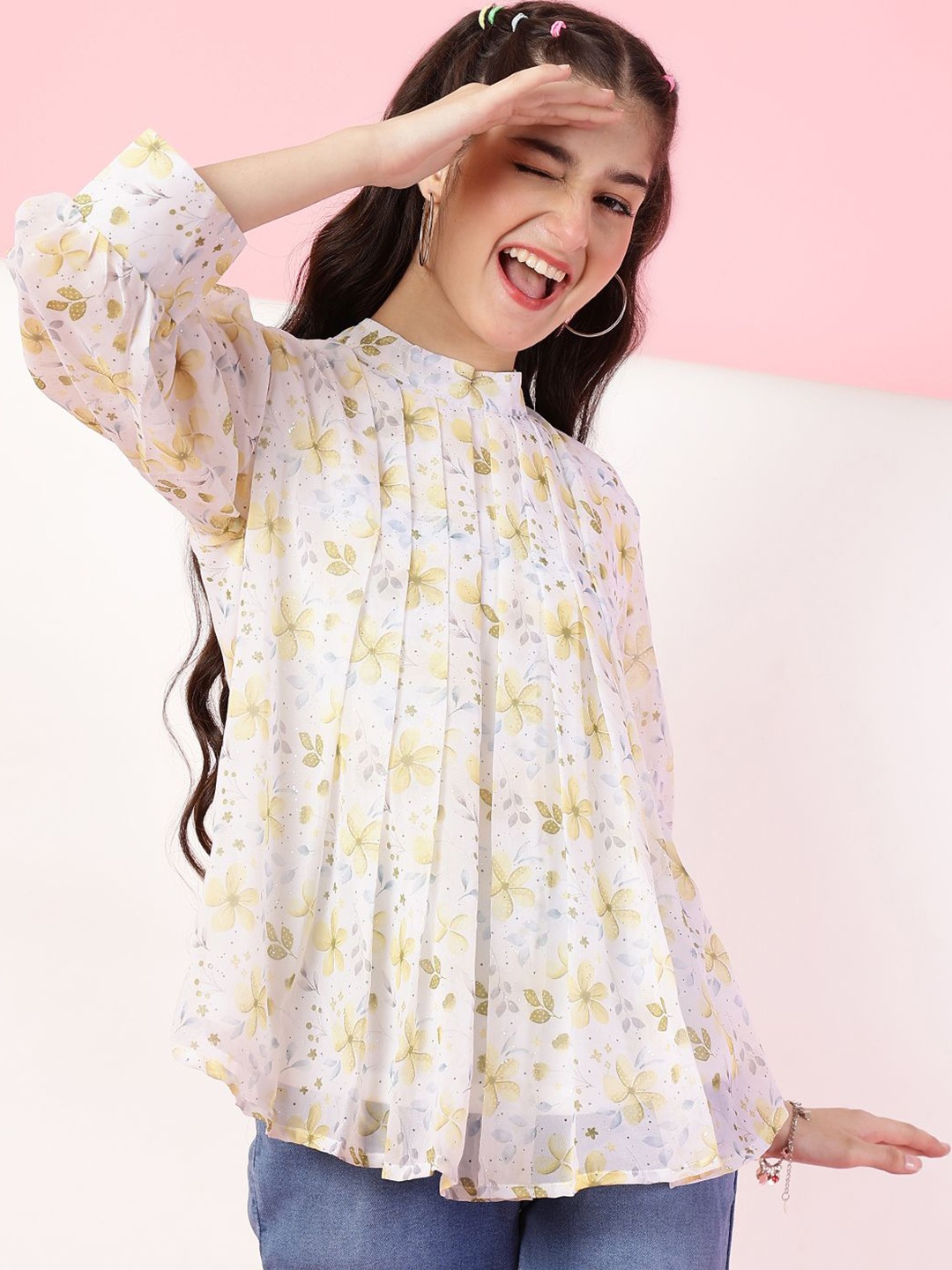 

Ishti Girls Floral Print Cuffed Sleeves Top, White