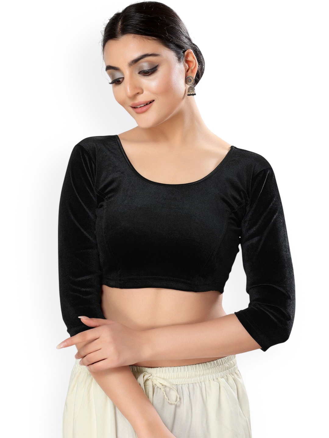 

Mmore Women Round Neck Stretchable Saree Blouse, Black