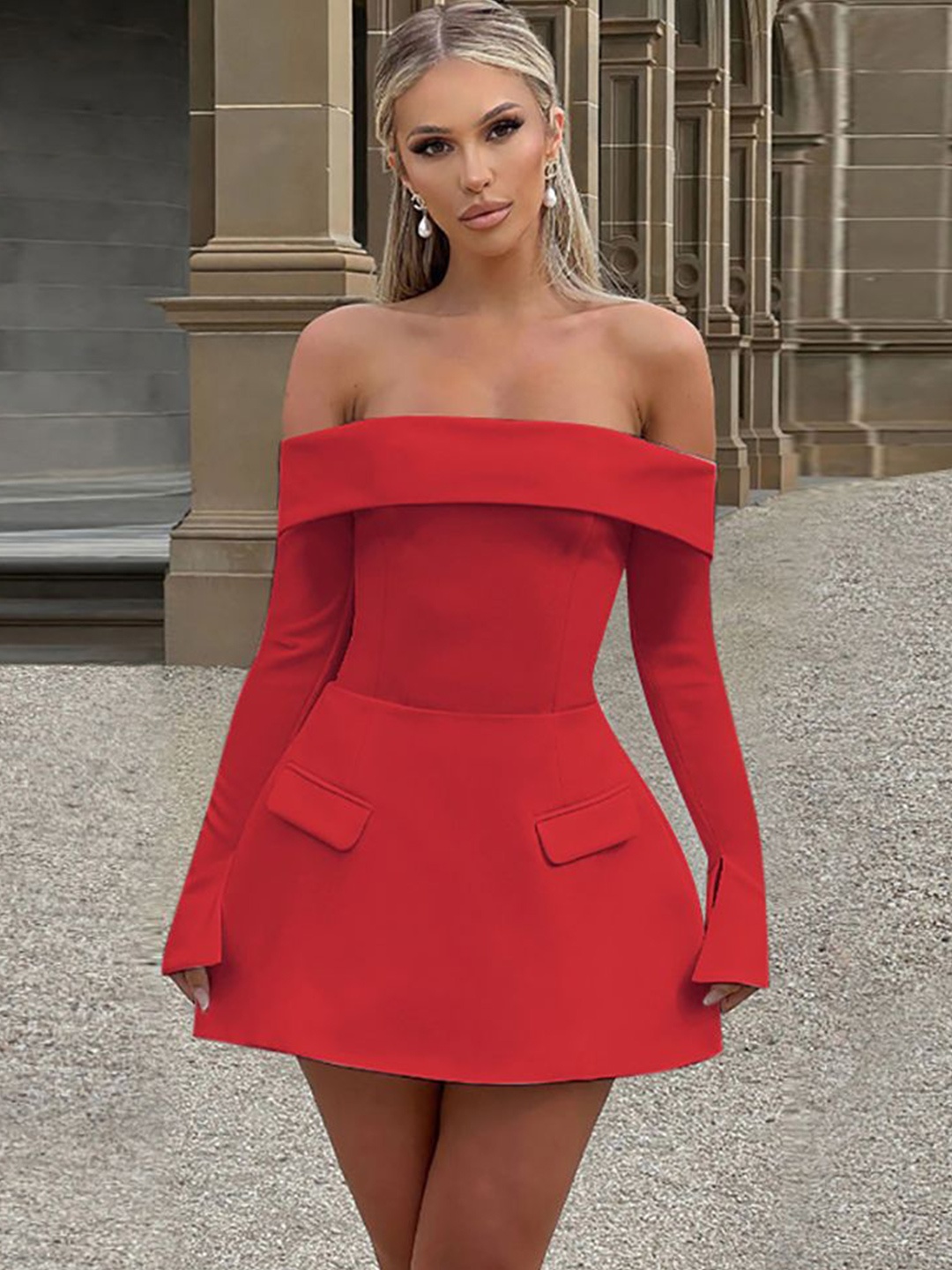 

StyleCast x Revolte Off-Shoulder Fit & Flare Dress, Red