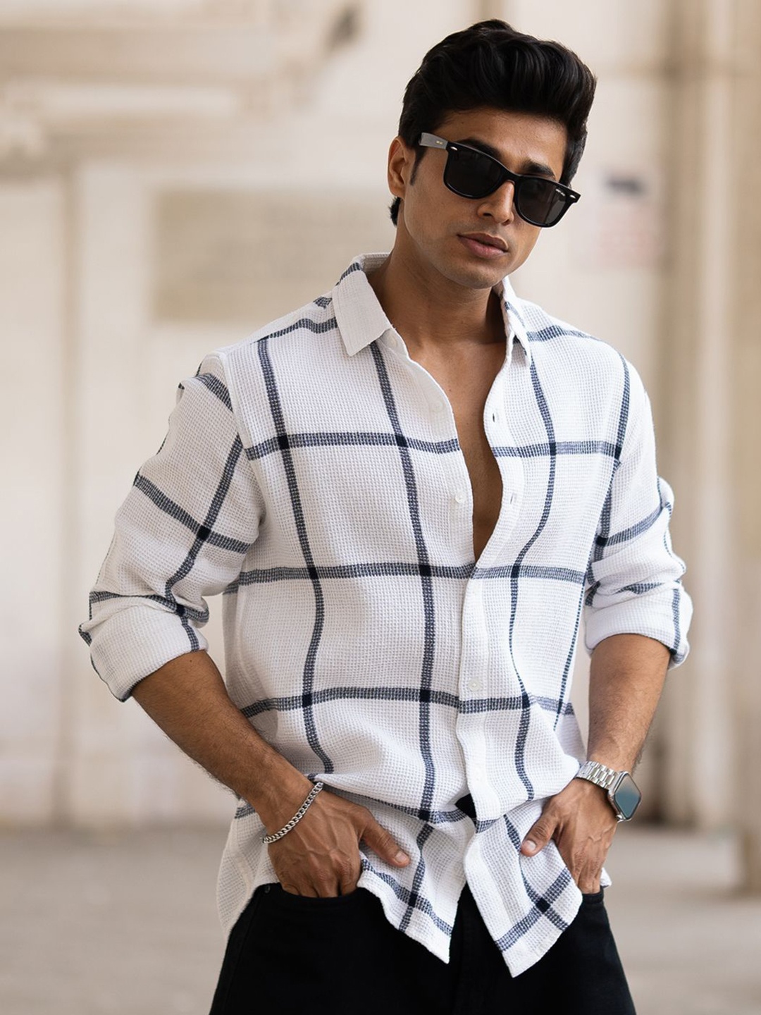 

Powerlook Men Windowpane Checks Opaque Checked Casual Shirt, White