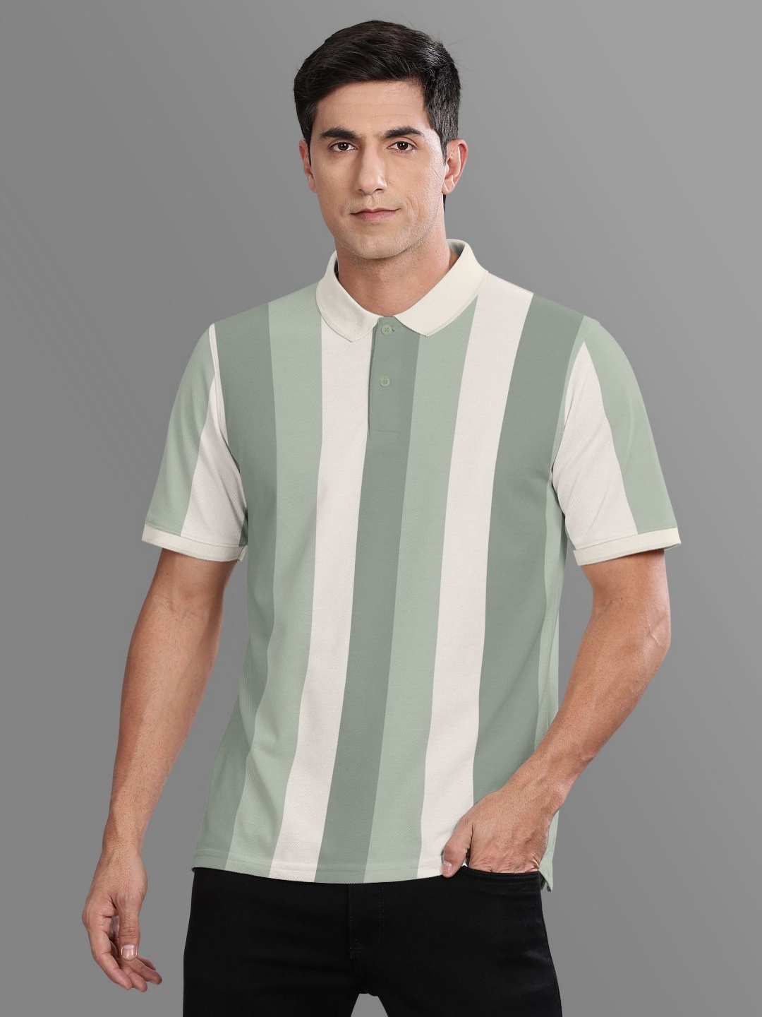 

BULLMER Men Striped Polo Collar Cotton T-shirt, Green