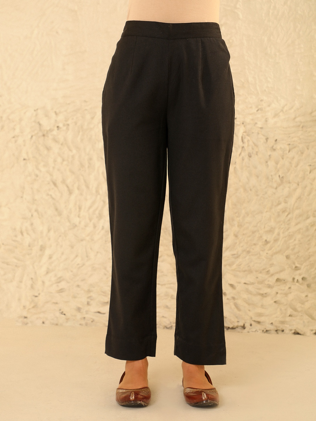 

House of Chikankari Women Relaxed Straight Leg Pleated Trousers, Black