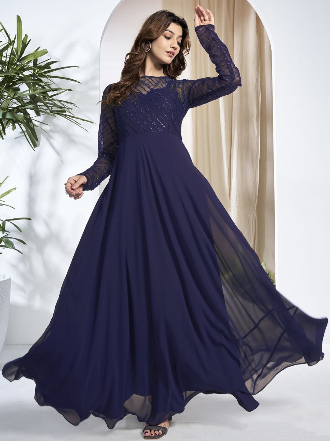 

Inddus Women Embroidered Round Neck Maxi Dress, Navy blue