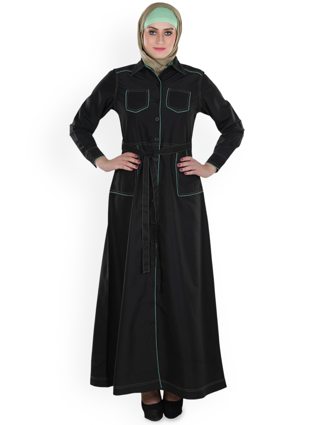 

MOMIN LIBAS Shirt Collar Neck Pleat Work Front Open Abaya, Black