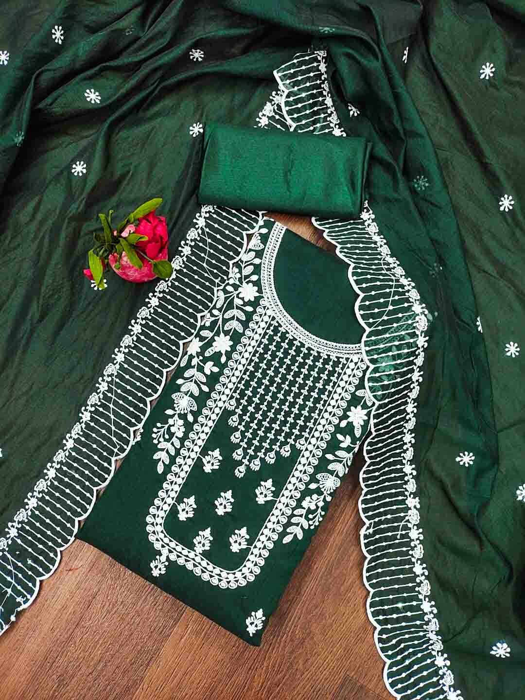 

Blissta Ethnic Motifs Embroidered Unstitched Dress Material, Green